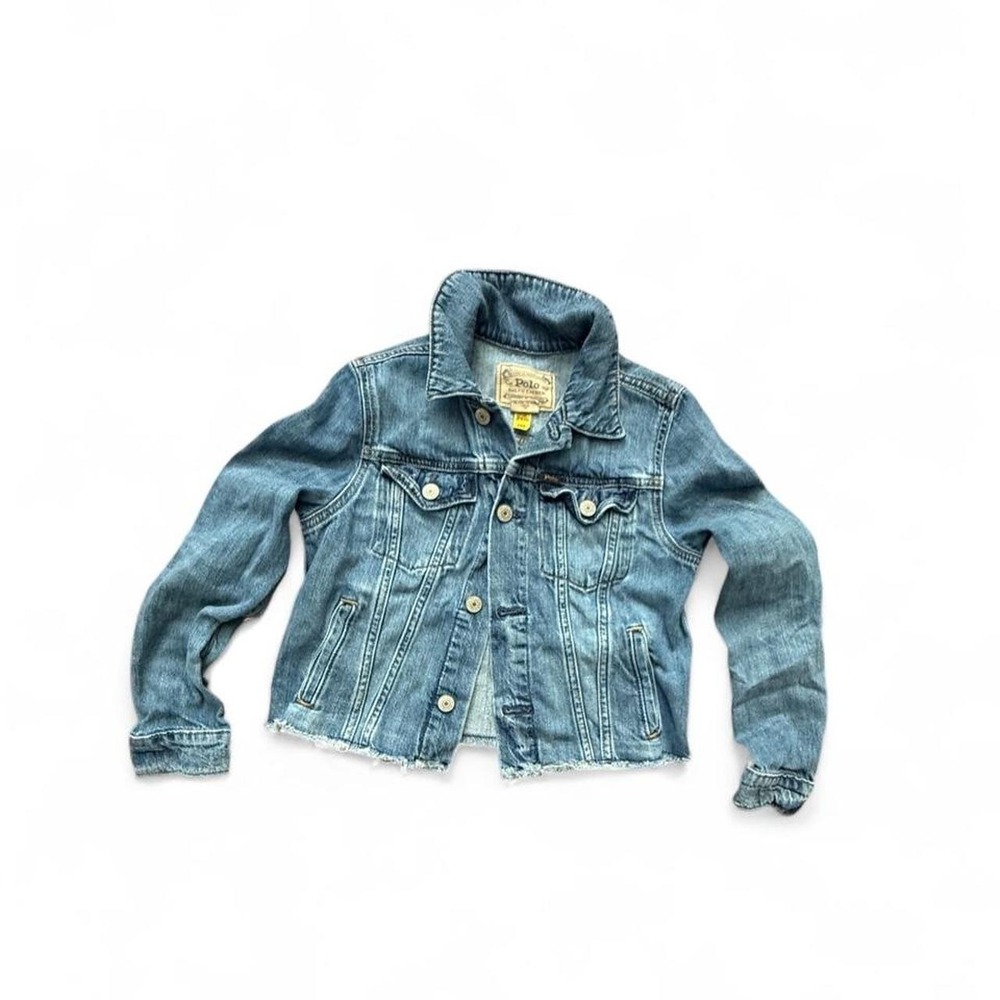 Polo Ralph Lauren Girls Denim Jacket Size 10 Raw Hem Logo Back Jean Jacket